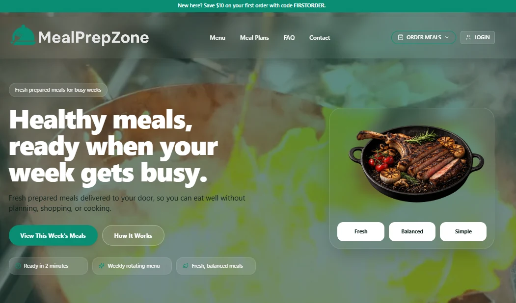 Meal Prep Zone customer storefront showing the meal ordering experience